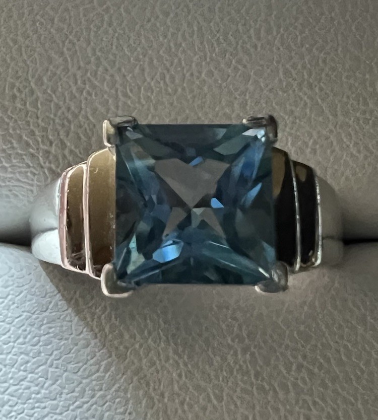 Vintage Sterling Silver 925 Signed Square Blue Topaz Prong Set Ring, Size 7.5