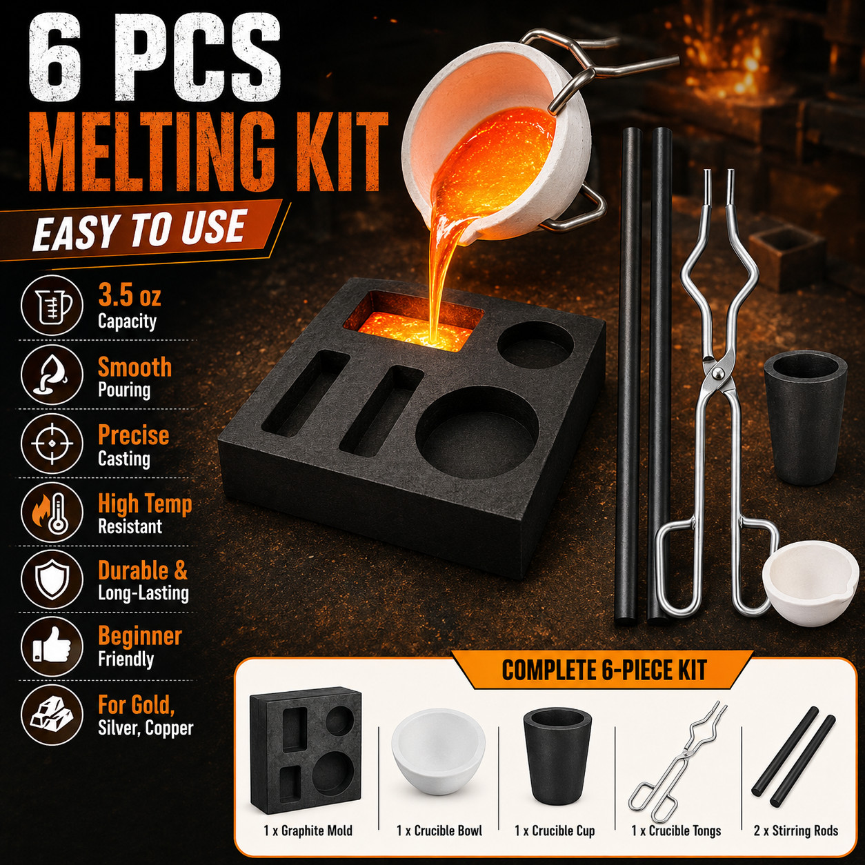 Graphite Casting Mold and Crucible Combo Kit 6PCS for Gold Silver Copper Melt