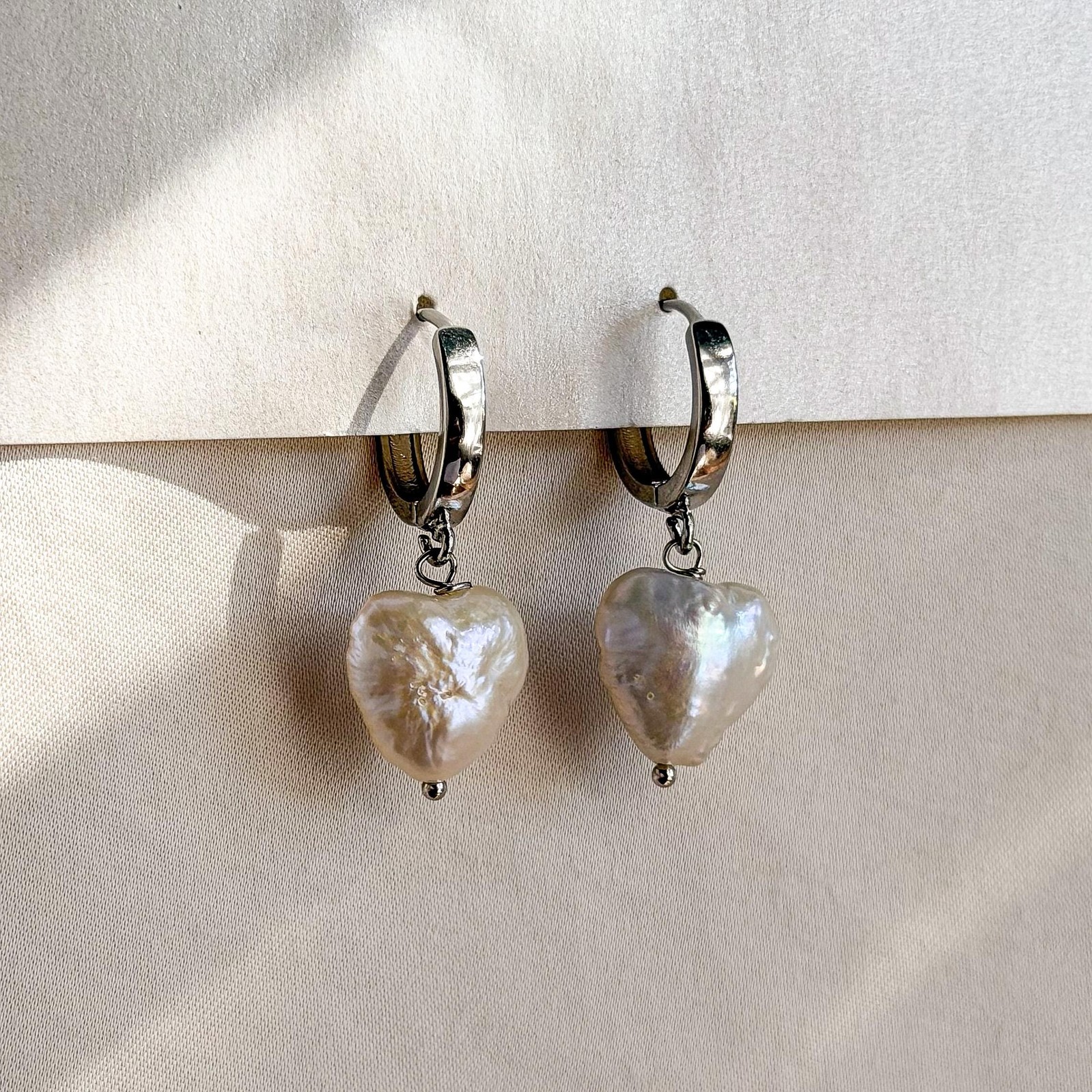 Heart Pearl Drop Earrings, Silver Huggie Hoops, Gift for Her