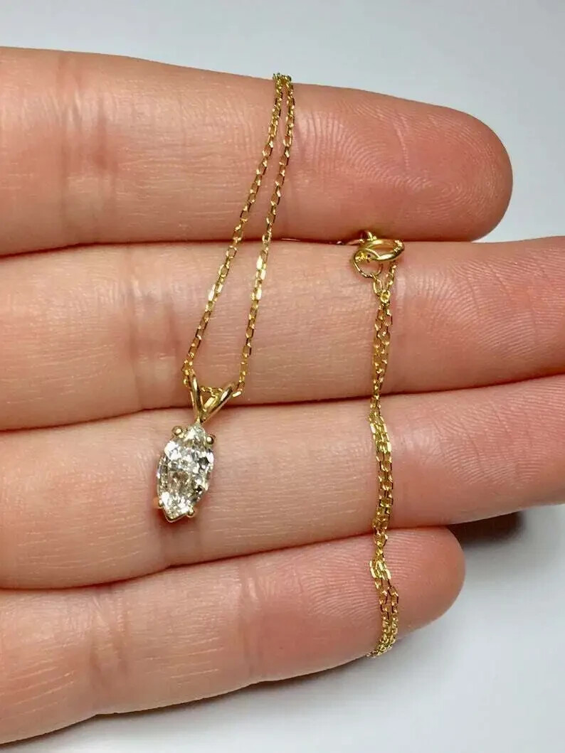 2Ct Marquise Cut VVS Diamond Pendant Necklace Free Chain 14K Yellow Gold Finish