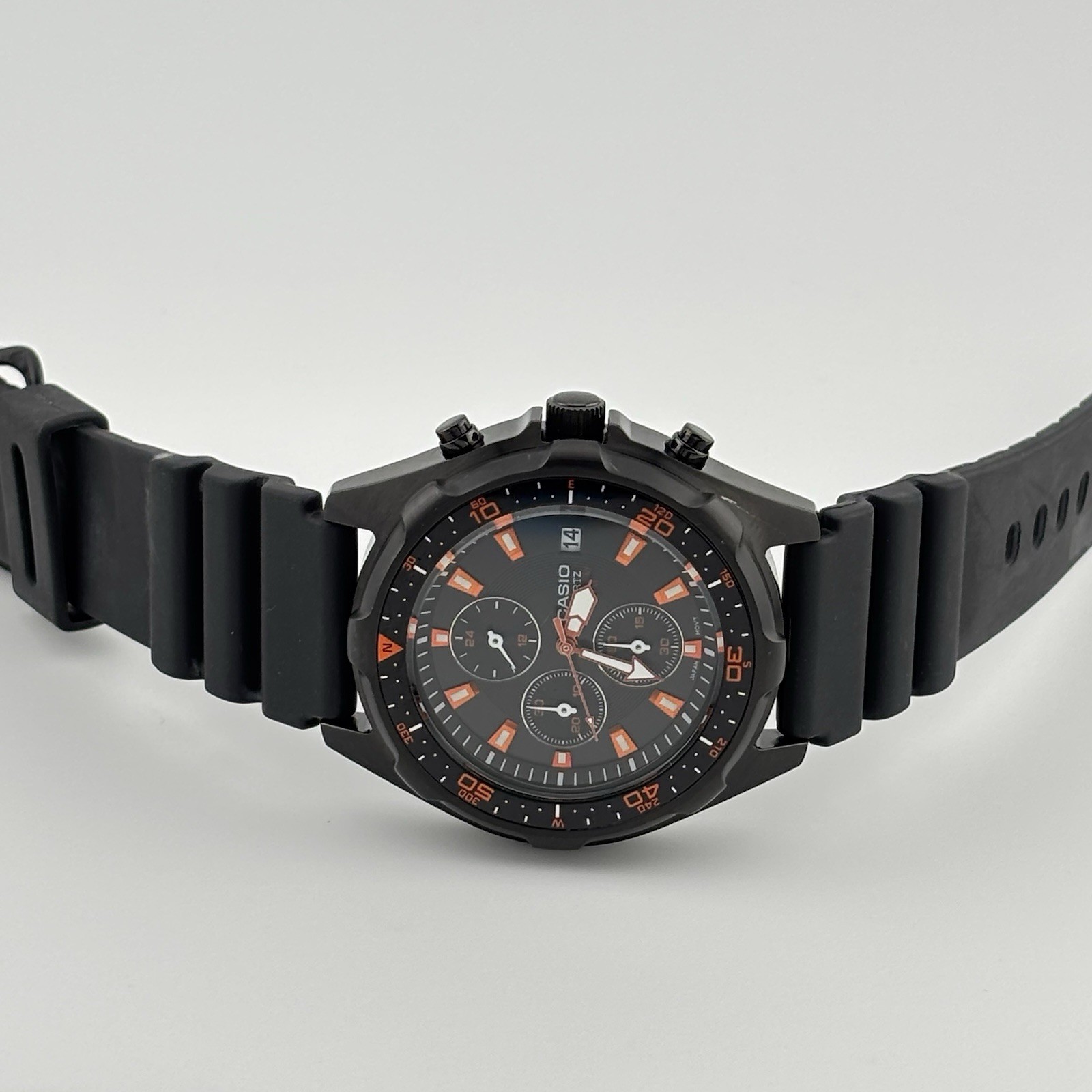 Casio AMW-370B-1A Black Ion Plated Chronograph Watch 45mm Burnt Orange Accents
