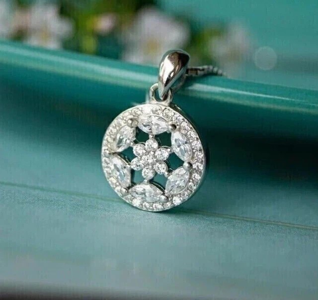 Fancy Flower Shape Pendant 2Ct Round Cut Simulated Diamond 14K White Gold Plated