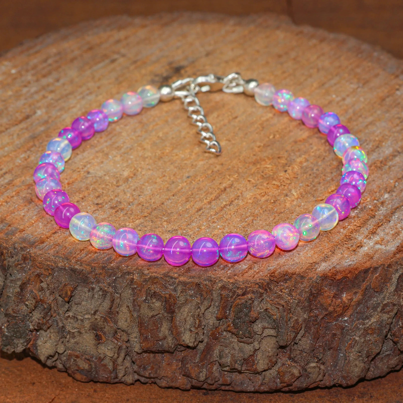 Purple Opal Gemstone Round Beads Bracelet, Genuine Fire Opal Beaded Bracelet
