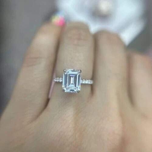 2Ct Emerald Cut Lab Created Moissanite Women Wedding Ring 14K White Gold Plated