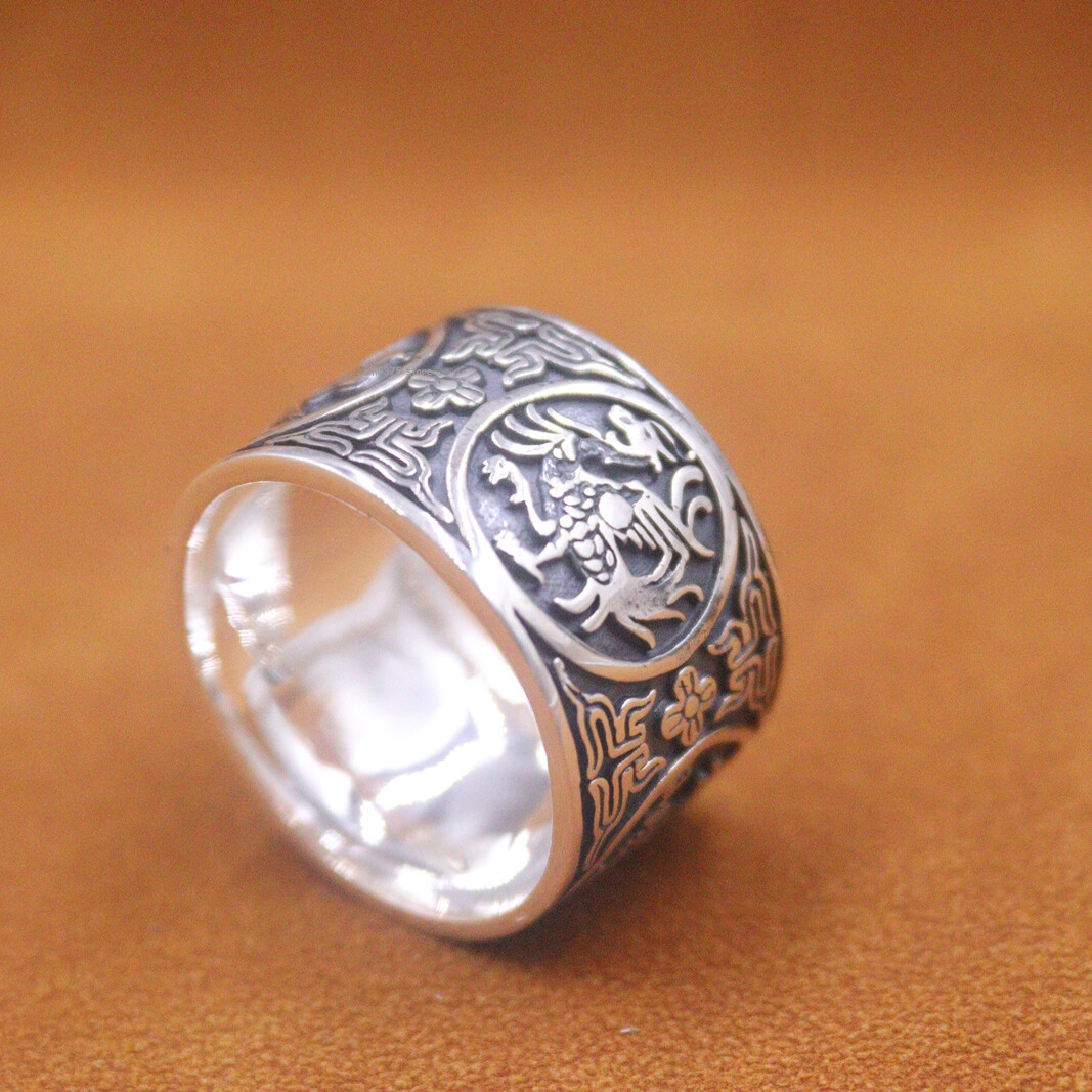 Real 999 Pure Silver Ring Men Chinese Four Great Divine Beasts Band Ring US 10