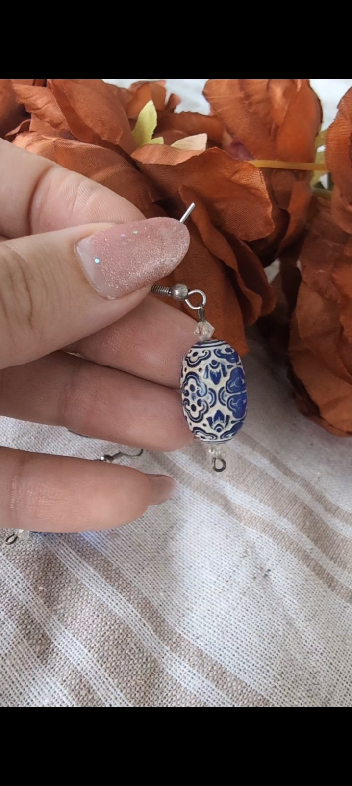 Blue & White Beaded Dangle Drop Hook Earrings Porcelain And Glass