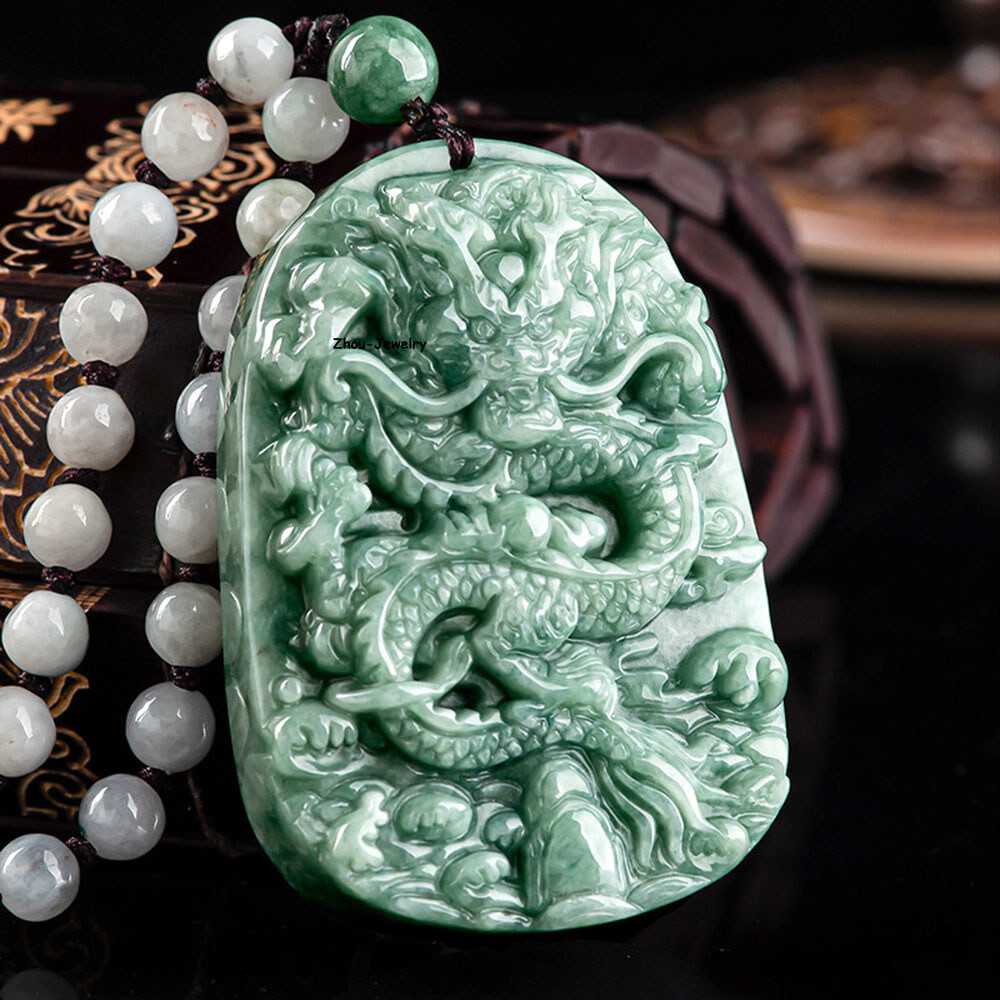 Real Grade A Natural Green Jade Jadeite Women Men Dragon Pendant 57.8*40.5mm