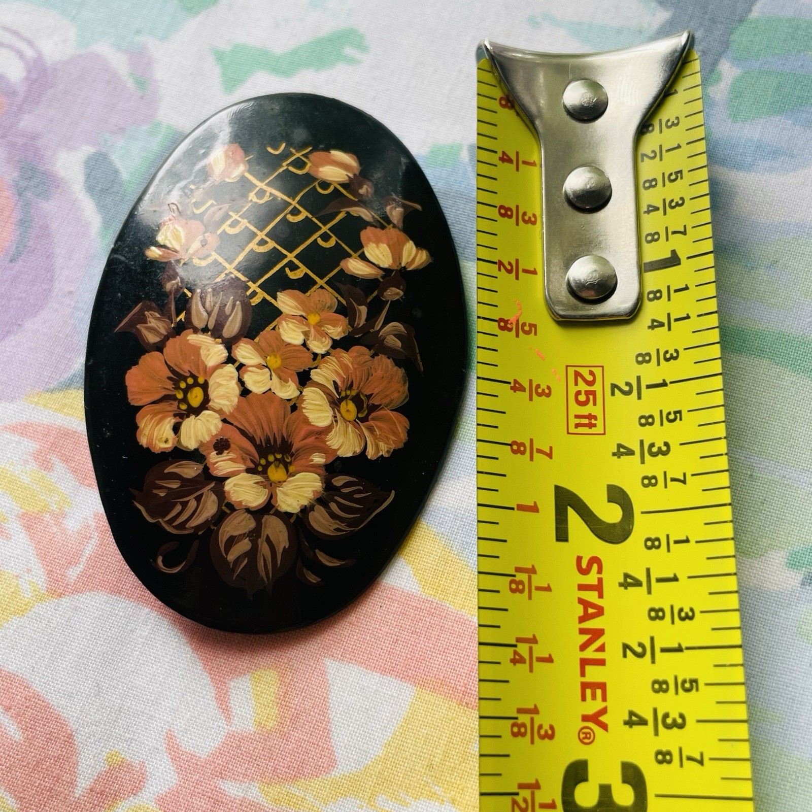 Vintage Hand Painted Russian Lacquer Brooch Pin Artist Signed Black Floral
