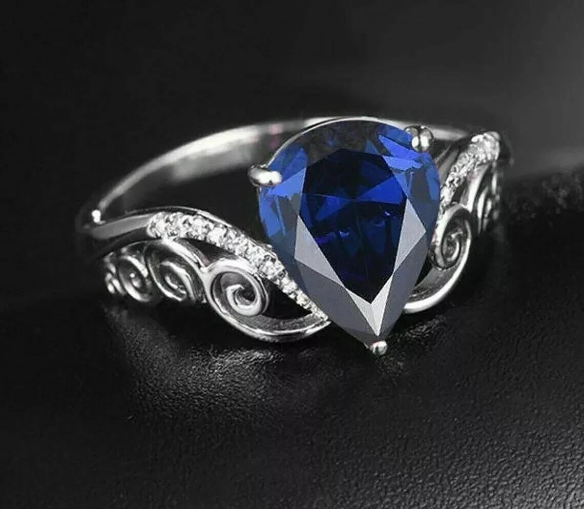 2.00 Ct Pear Cut Natural Blue Sapphire & Diamond Wedding Ring 14K White Gold