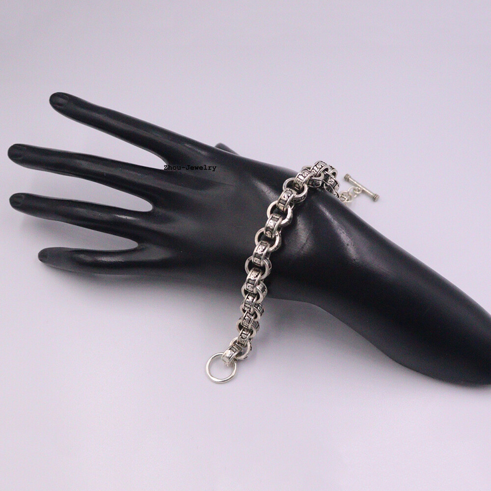 Pure 925 Sterling Silver Chain 10mm Six-word Rolo Link Bracelet 47-49g 7.48INCH
