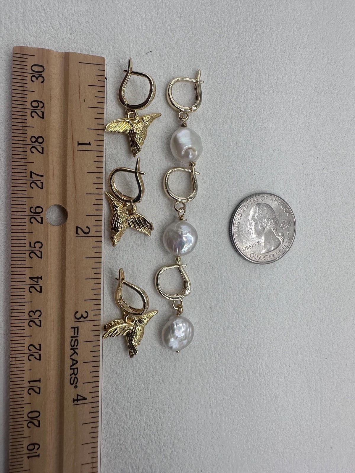 Asymmetrical Hummingbird and White Coin Pearl Drop Earrings, Gold Plated