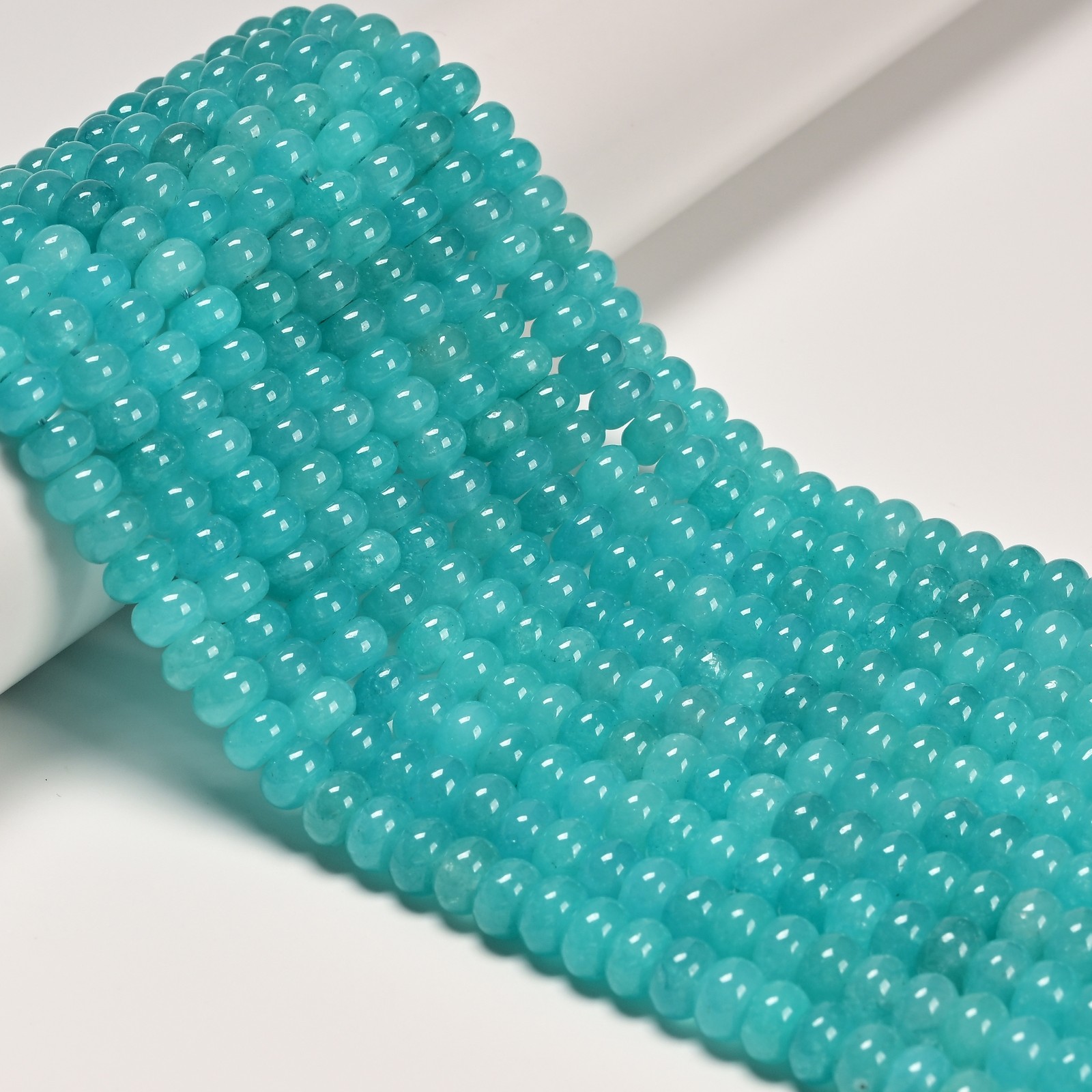 Aqua Blue Color Dyed Jade Smooth Rondelle Beads Size 5x8mm 15.5″ Strand