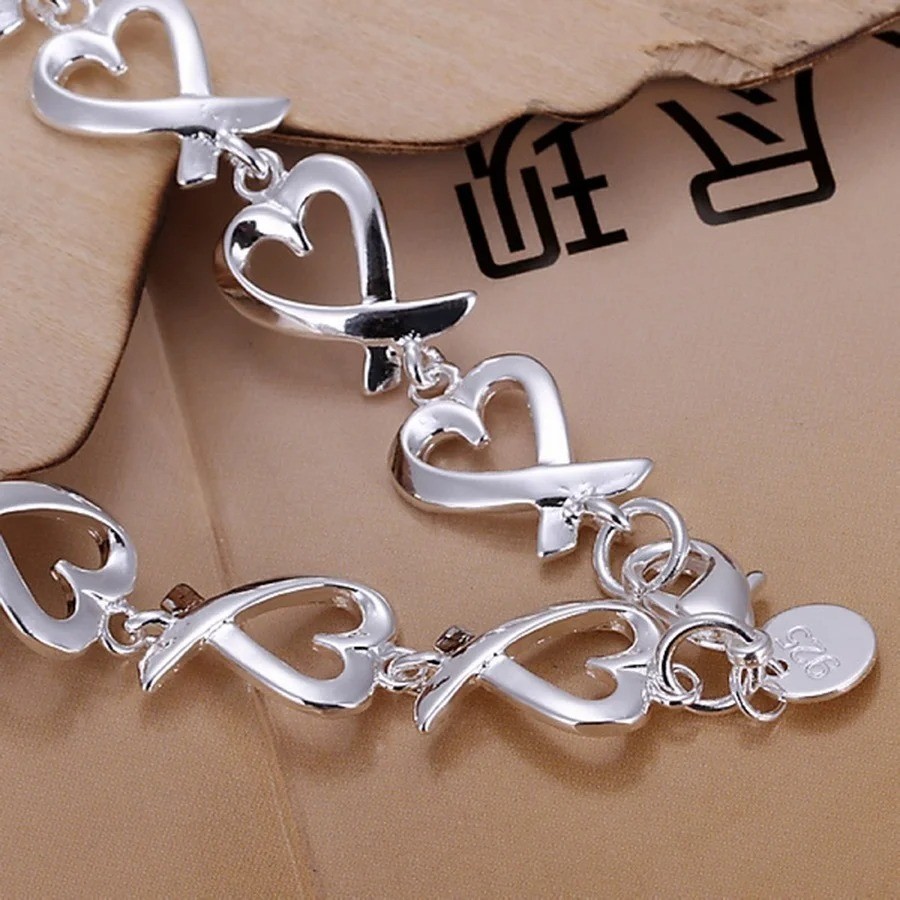 925 Sterling Silver Charm Heart Thick Chain Women Bracelet Fashion Jewelry