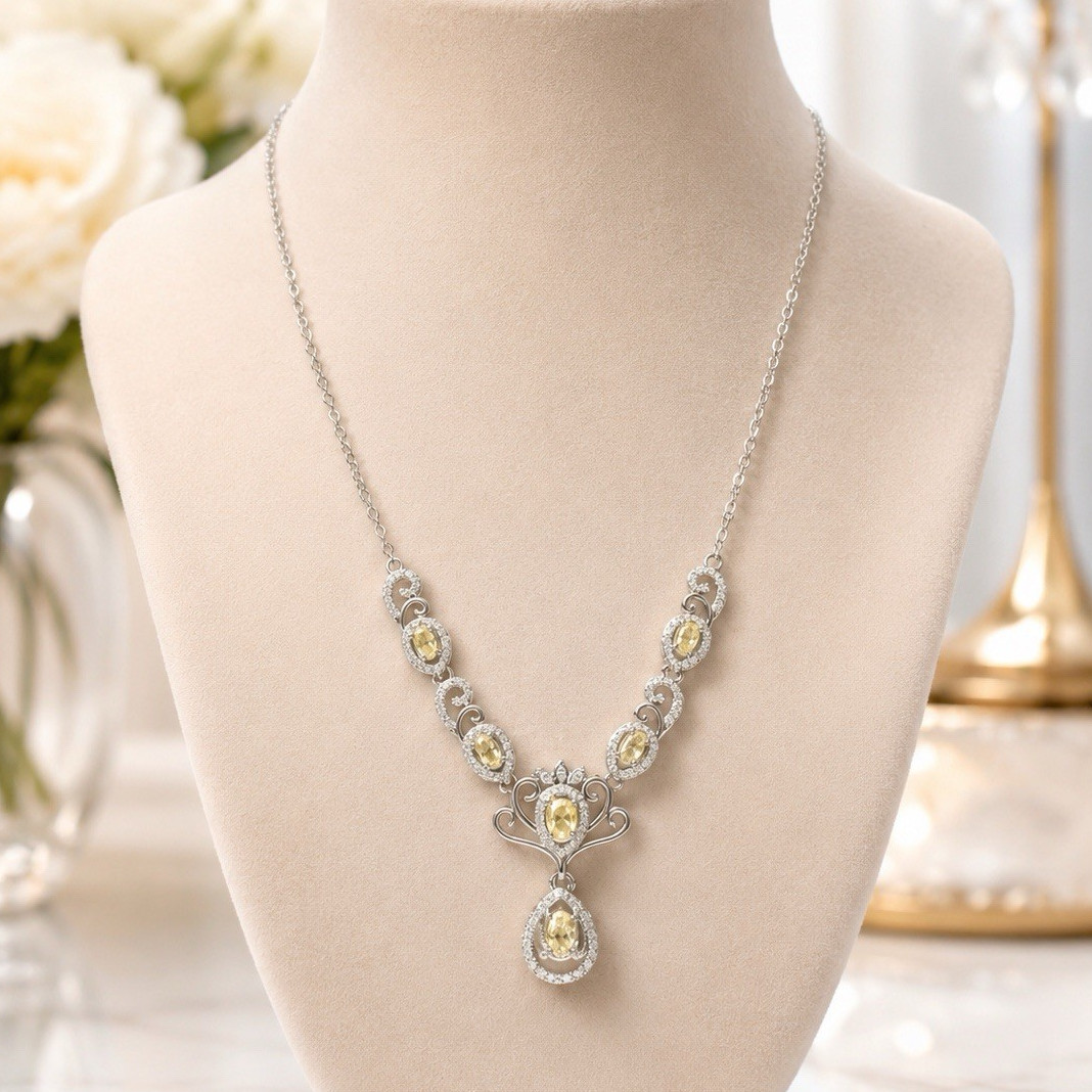 Elegant Yellow Crystal Halo Pendant Necklace | Non-Tarnish | can wear Everyday