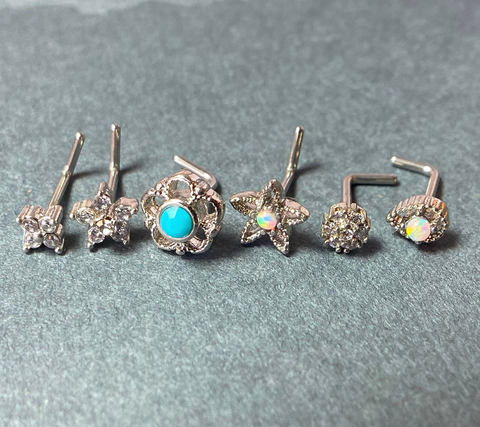6pc Box Value Pack Opal / Turquoise / CZ Gem Shapes 20g Steel L-Bend Nose Rings