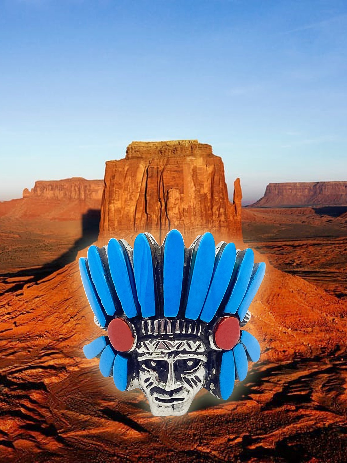 Native American Silver Chief Ring with Blue Turquoise Stone Navajo