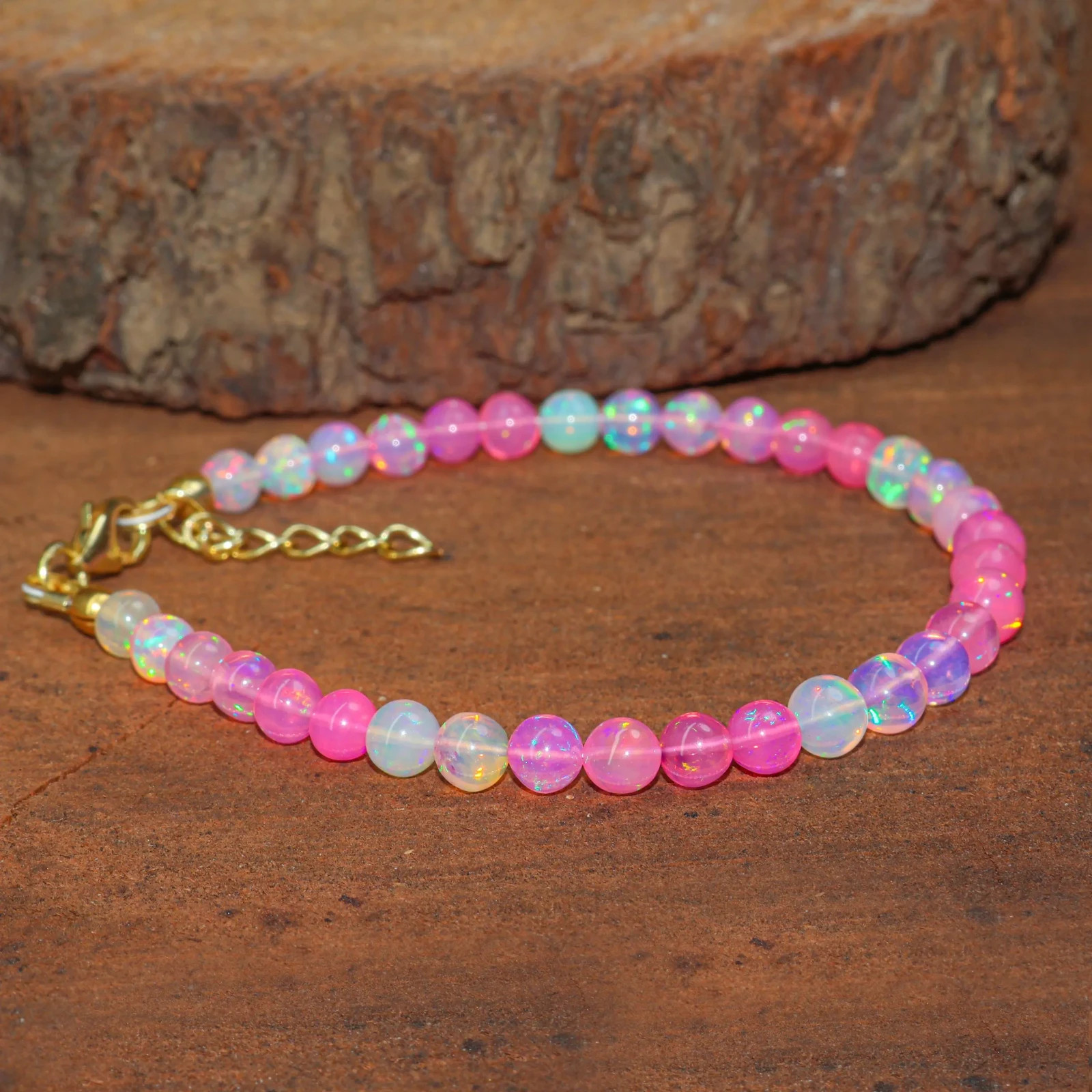 Genuine Pink Gemstone Round Beads Bracelet, Natural Fire Opal Beaded Bracelet