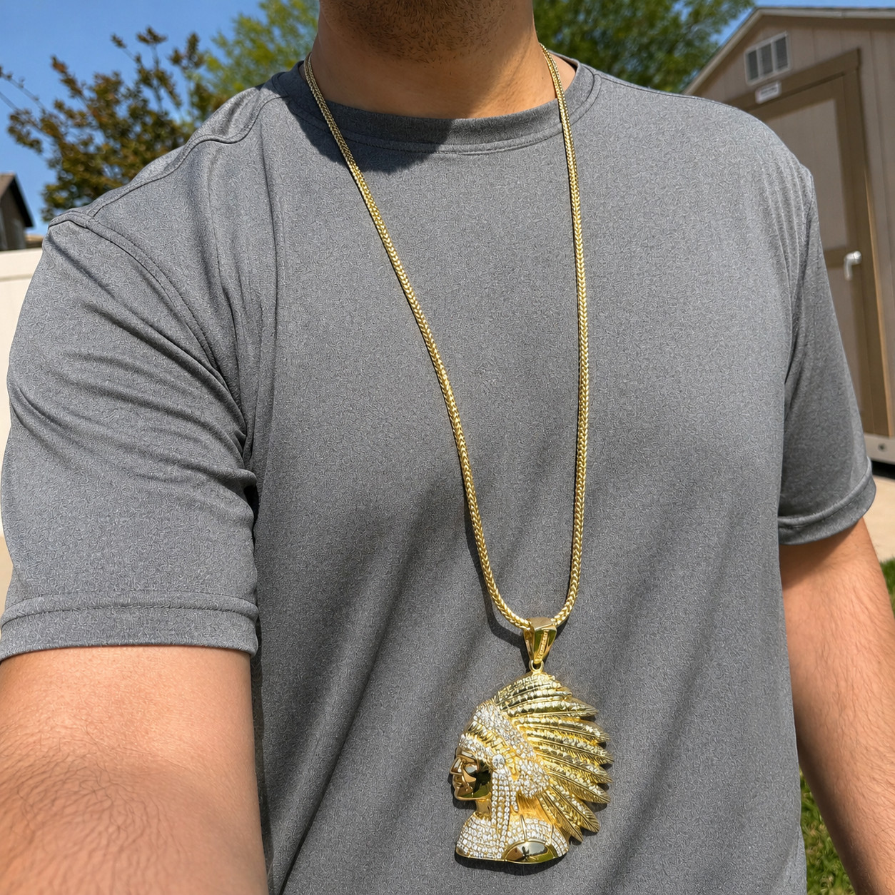 14k Gold Plated Big Apache Indian Chief Simulated CZ Pendant Franco Chain 36″