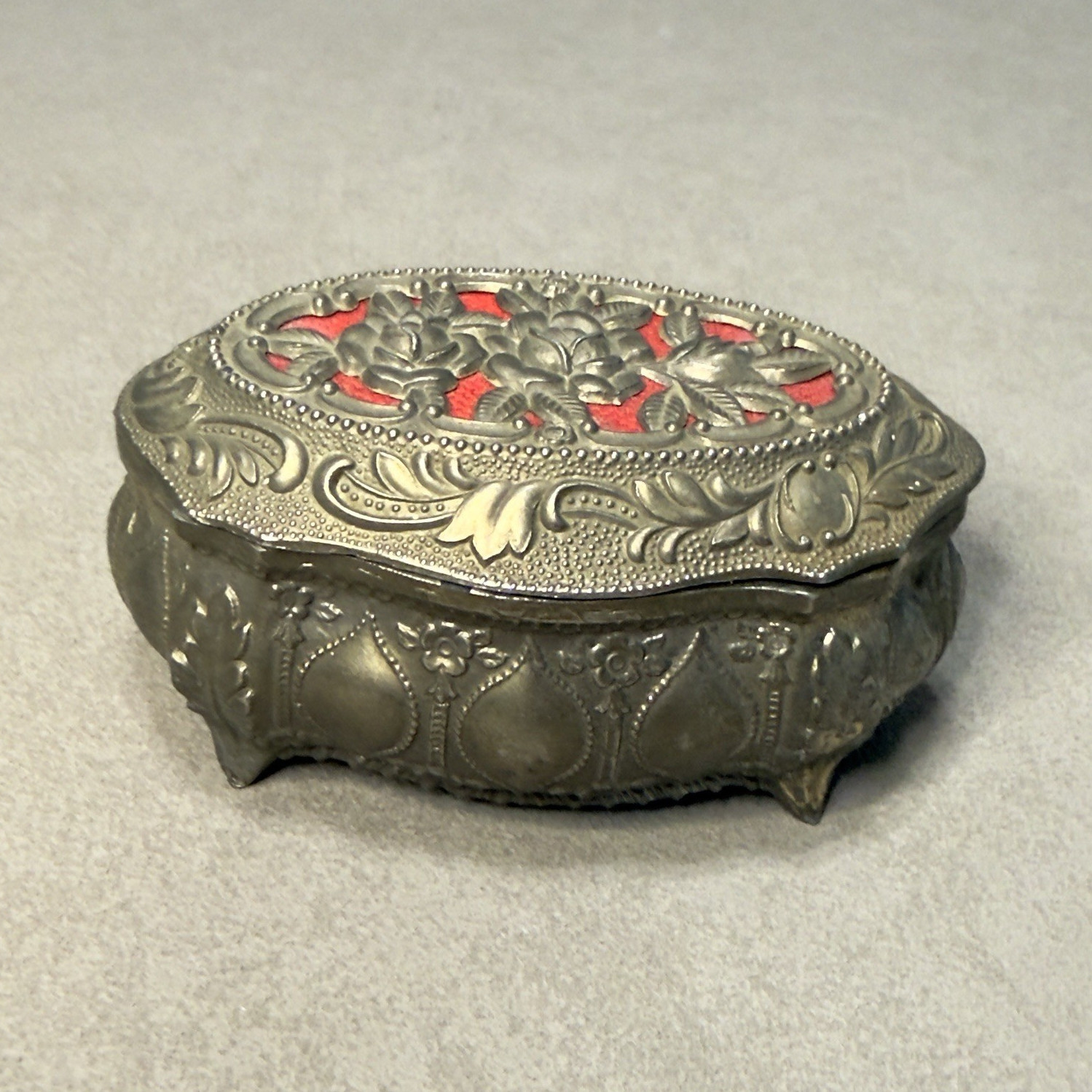 Vintage Japan Rose Trinket Box Metal Jewelry Ring Box Red Velvet Lined Hinged