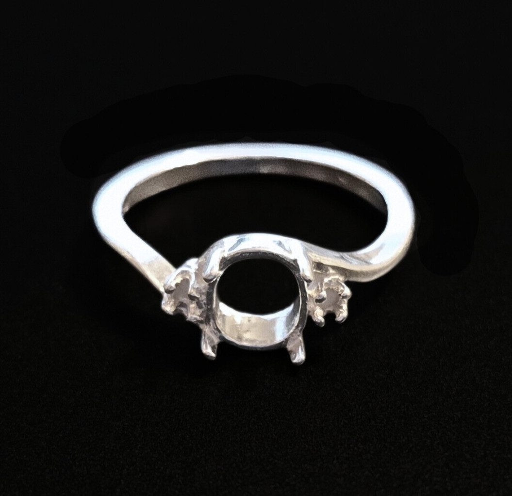 8X6 Solid Sterling Silver Oval Cabochon Setting Swirl Ring Pre-Notched, Size 6.5