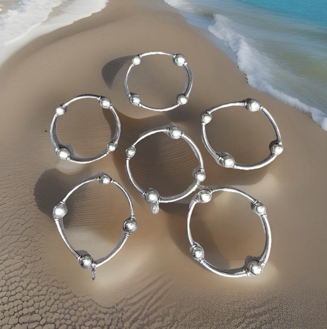 Cookie Lee Silver Tone Bead and Bar Stretch Bracelets Set of 6 Stackable