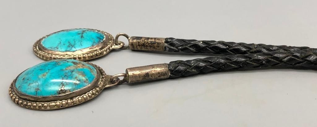 Turquoise Steer Head Bolo Tie Western Silver Leather Cord Statement Piece
