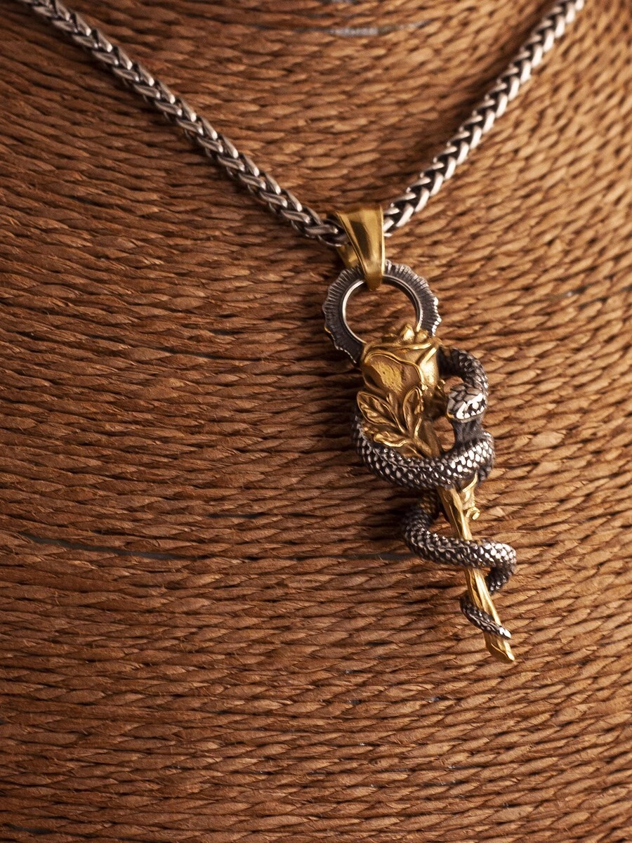 NIGHT WORKS Love and Beauty Ancient Greek Retro Snake and Rose Pendant Necklace