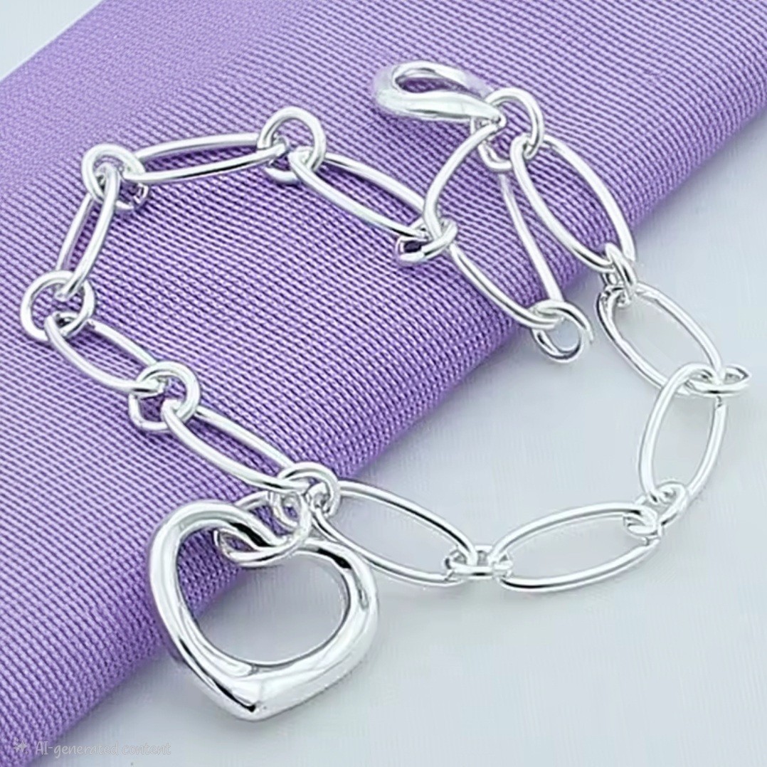 New 925 Sterling Silver Paperclip Heart Charm Bracelet