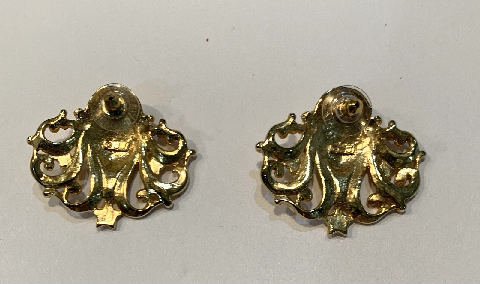 Vintage Celestial Face With Stars And ABs Gold Tone Metal Earrings Signed JJ