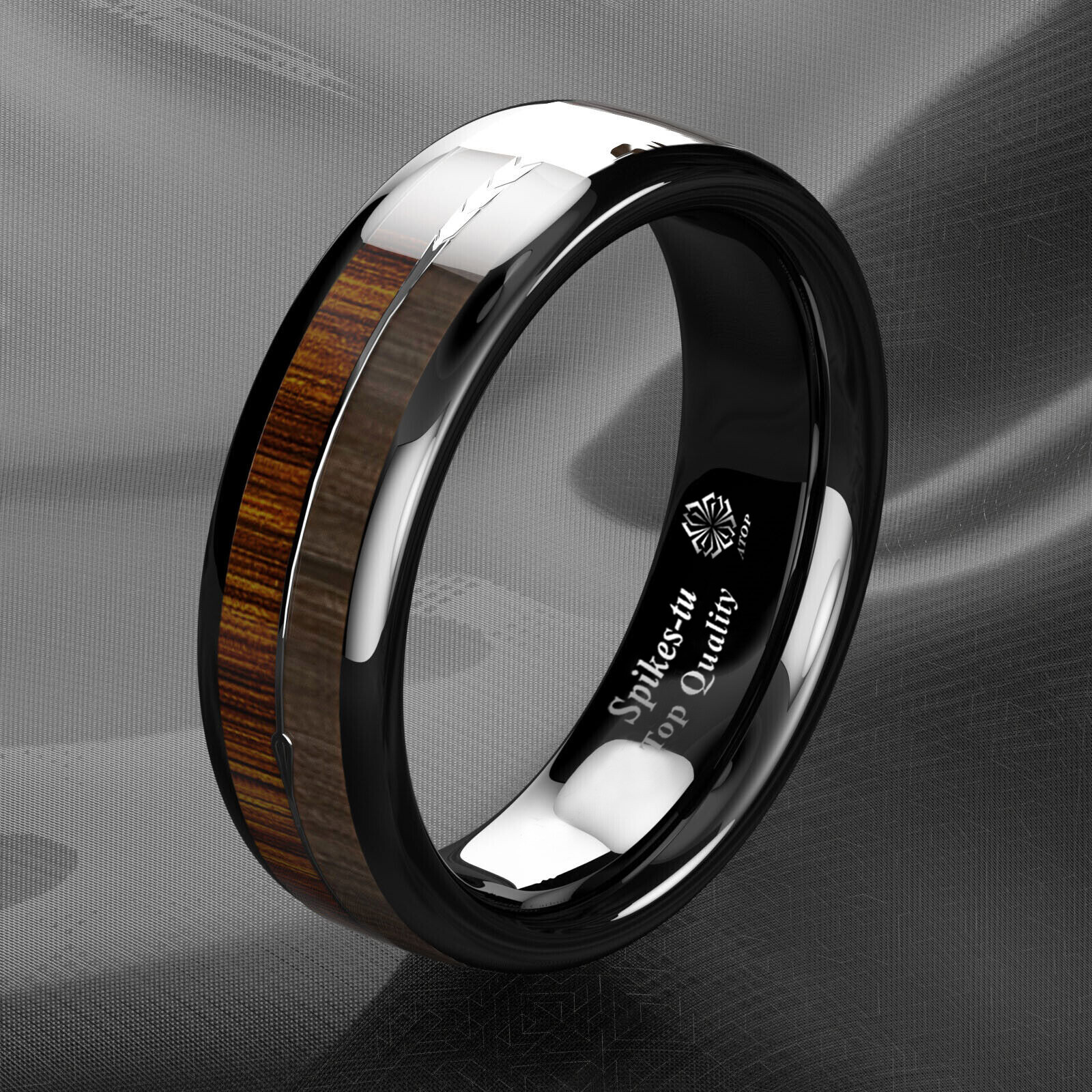 8/6mm Black Dome Tungsten Ring 2 Style Wood Arrow Wedding Band ATOP Men Jewelry