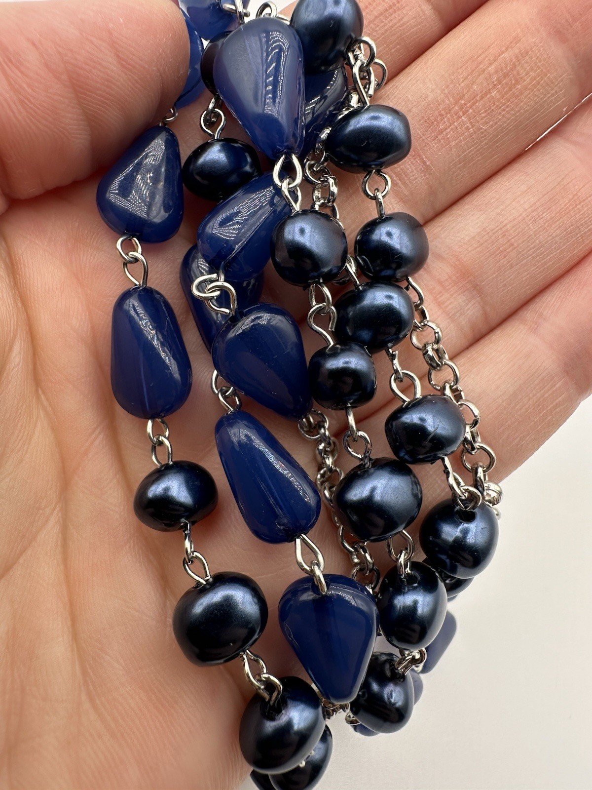 Statement Necklace Blue Beads Silver Tone Layered Cable Chain 36+ in