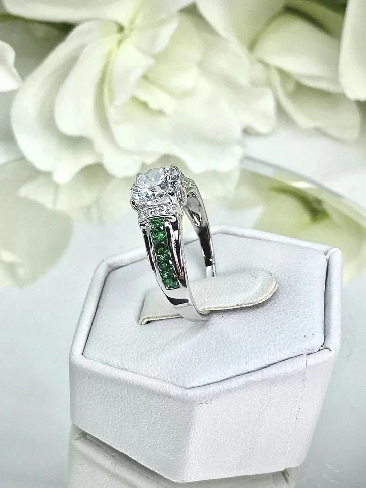 Art Deco Style Lab Created Diamond Emerald Engagement 14K White Gold Finish Ring