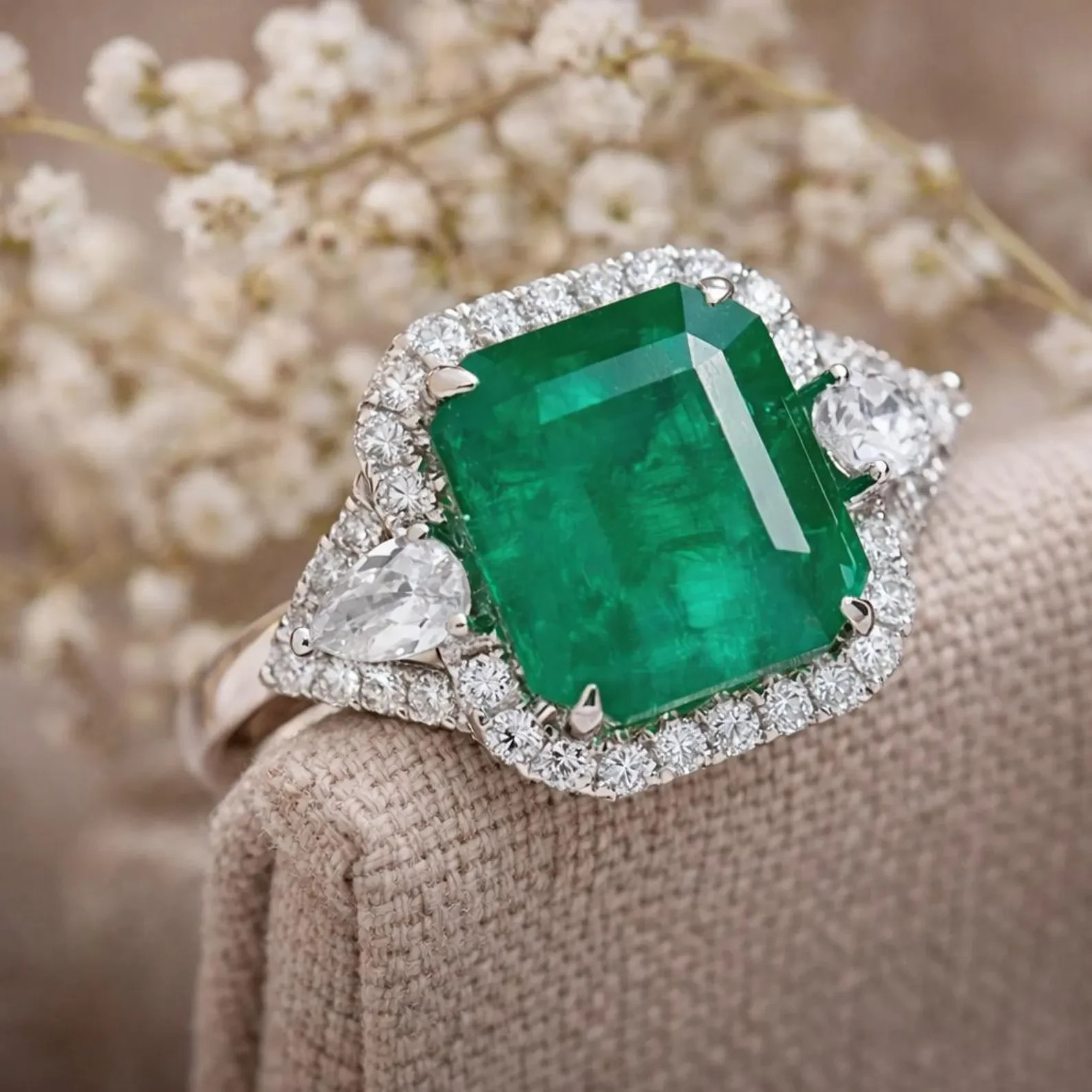 IGL Certified 6.80 Ct Natural Emerald & Diamond Wedding Gift Ring 14K White Gold