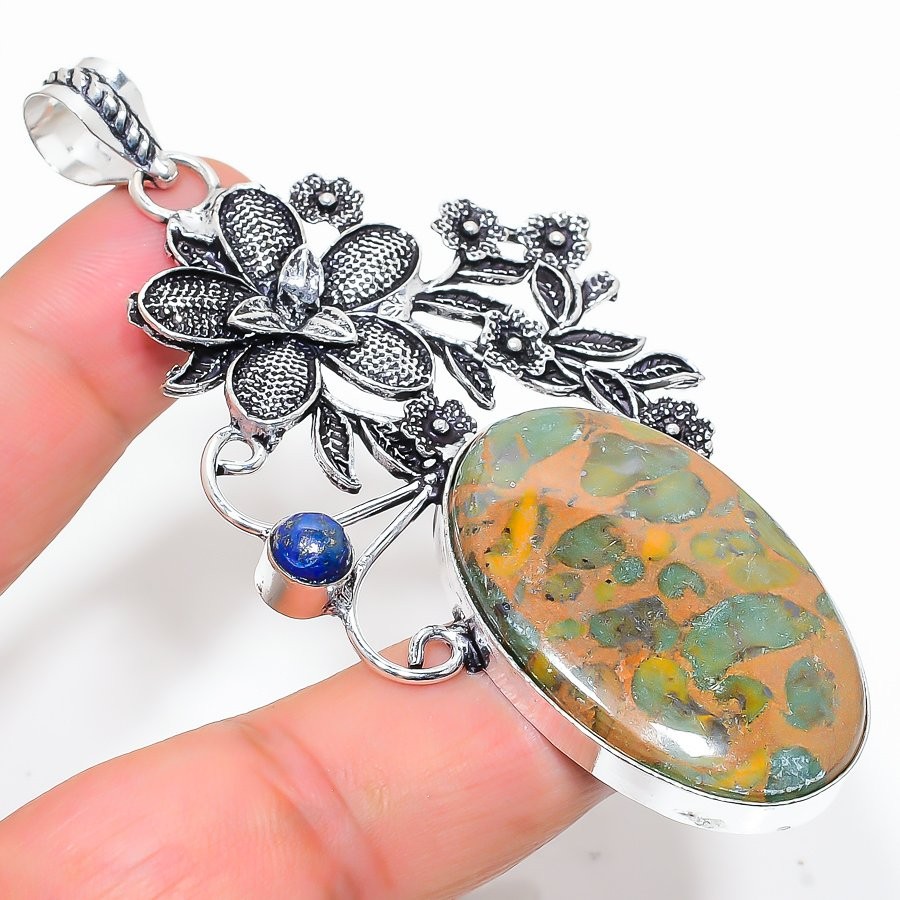 Bamboo Jasper, Lapis 925 Sterling Silver Gemstone Jewelry Pendant 3.35″ NS 23523
