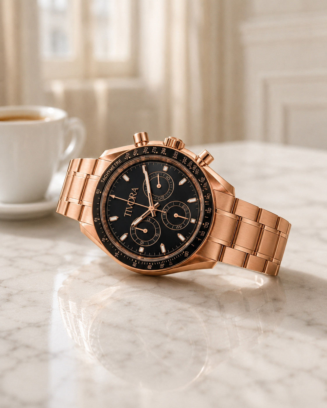 TÍVORÁ Veyron Rose Steel Onyx Dial – Custom Branded Automatic Chronograph Watch
