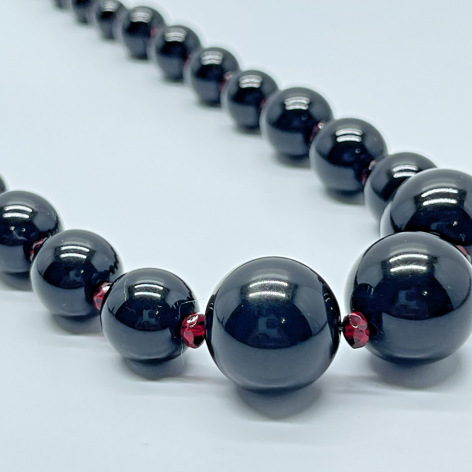 Gothic Black Beaded Necklace Graduated Bead Ruby Red Crystal Spacer Silver Tone