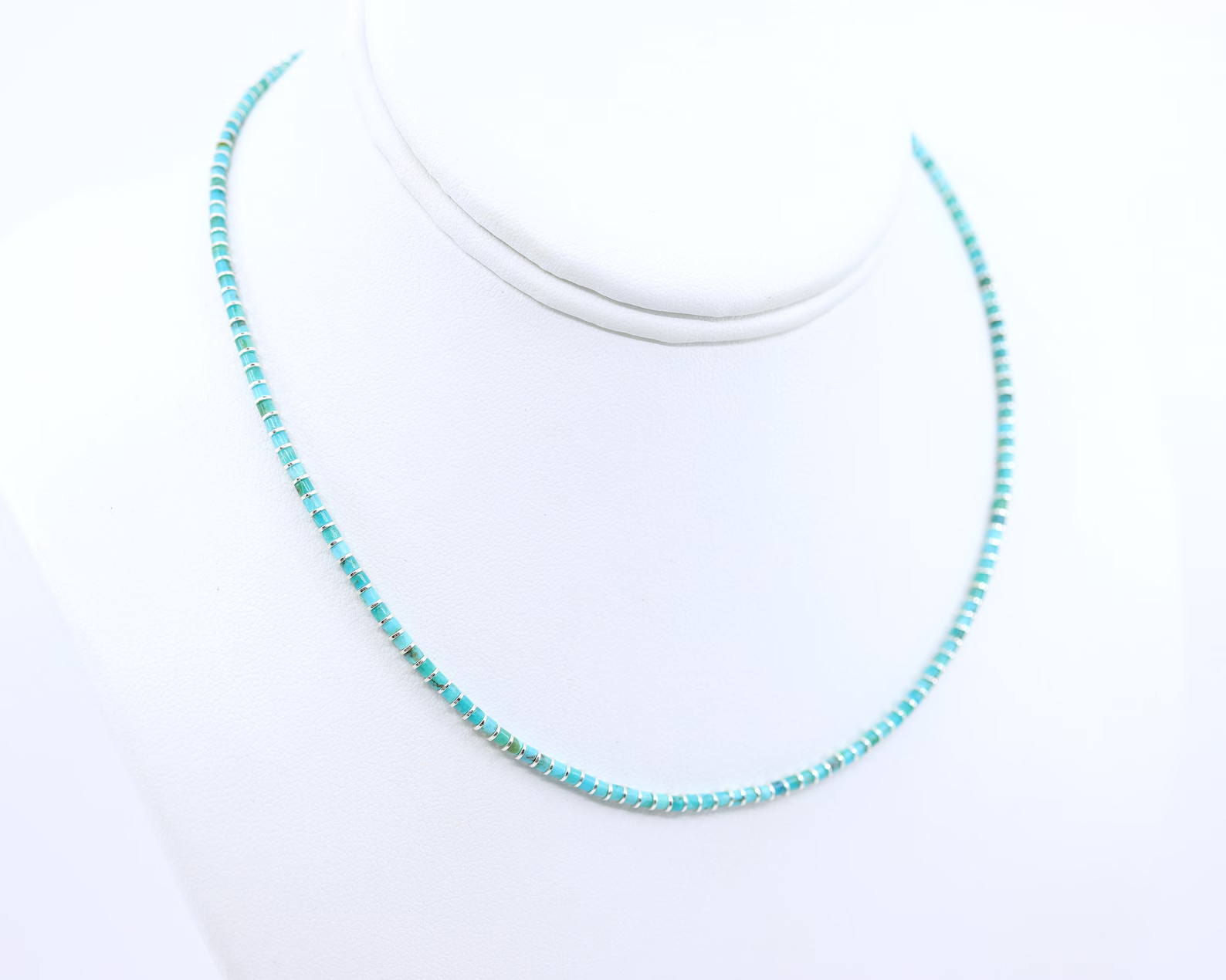 2mm Blue Turquoise Heishi Necklace & Silver Beads, Dainty Modern Contemporary