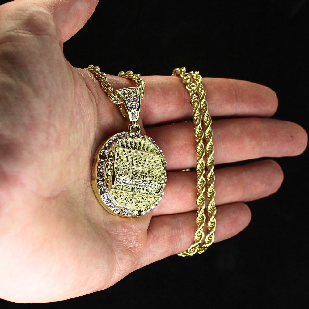 Round Iced Medium Last Supper CZ Pendant 14k Gold Plated 24″ Rope Chain Necklace