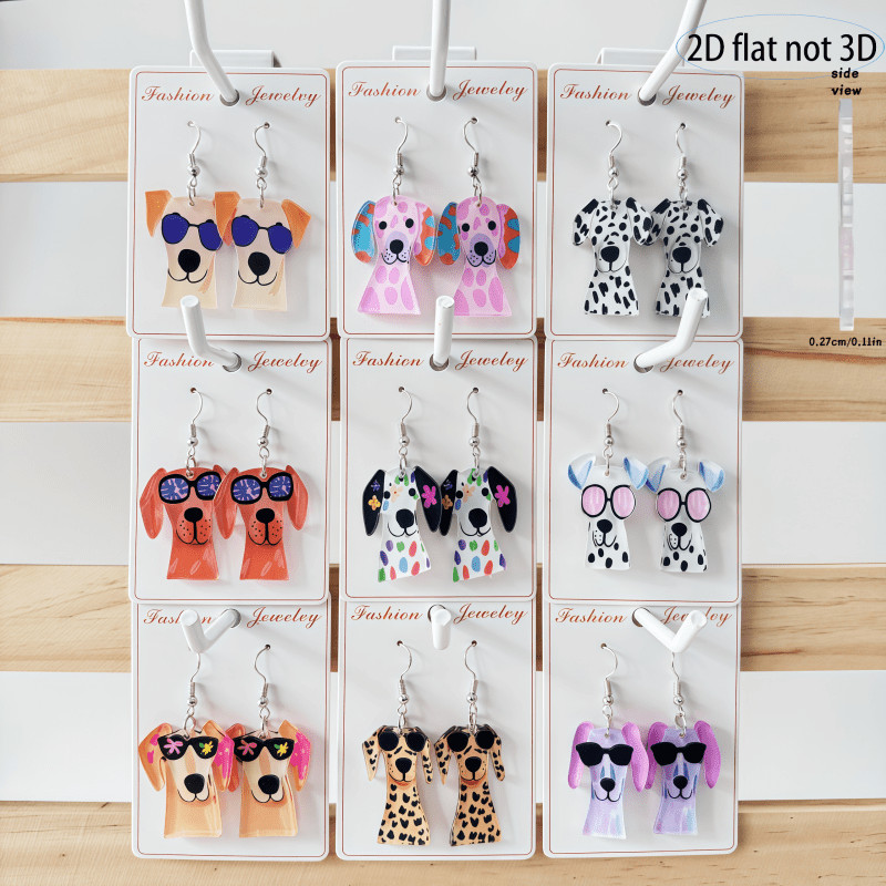 2D Flat – 9 Pairs of Cute Cartoon Colorful Acrylic Dog Pendant Earrings
