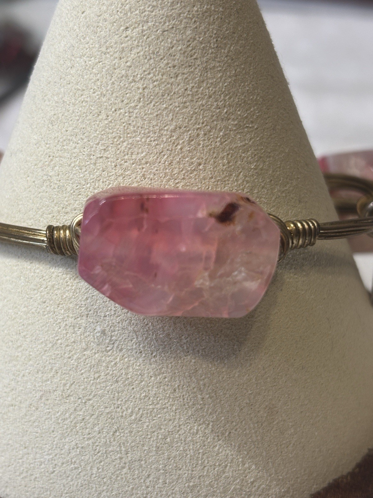 Bourbon & Bowties Gold Plated Wire Wrapped Pink Dyed Quartz Bangle Bracelet