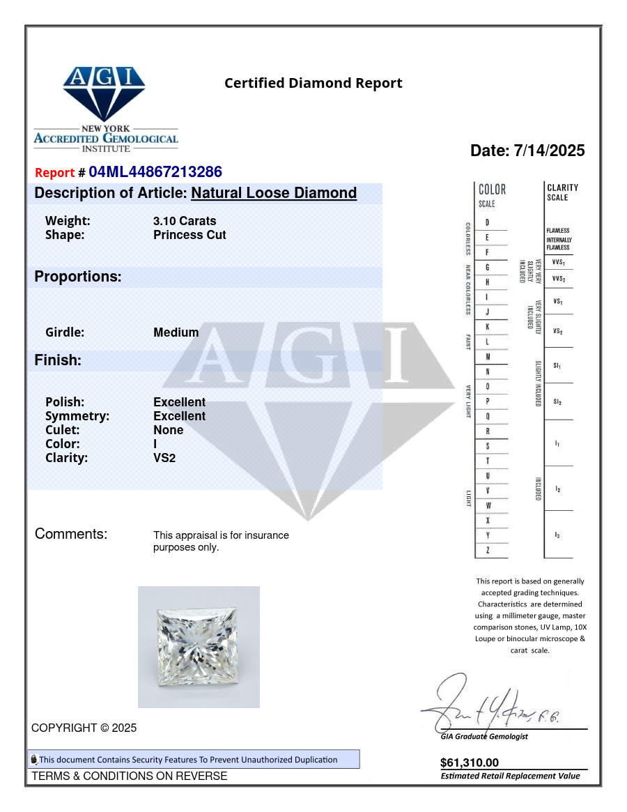 3.10 CT Cert. AGI Princess Cut Natural Mined Diamond Loose I color VS2 clarity