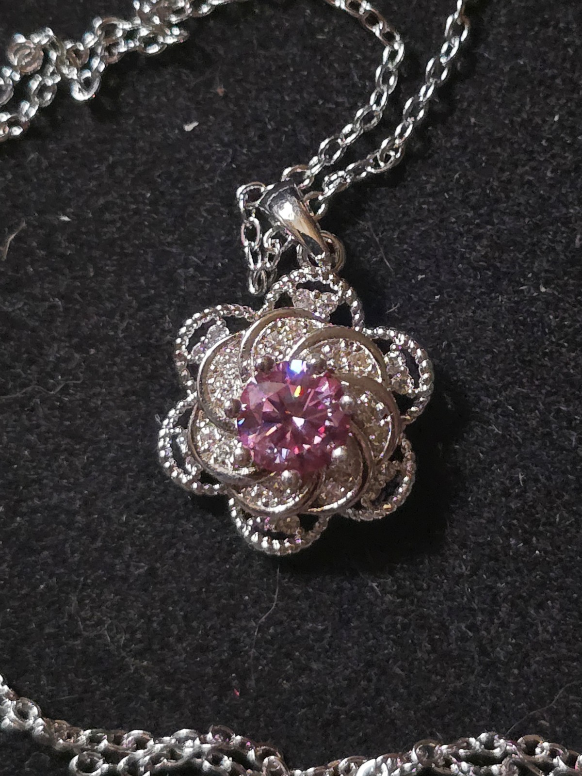 Rhodium Plated Moissanite Sakura Pink Spinning Flower Pendant With 16-18″…