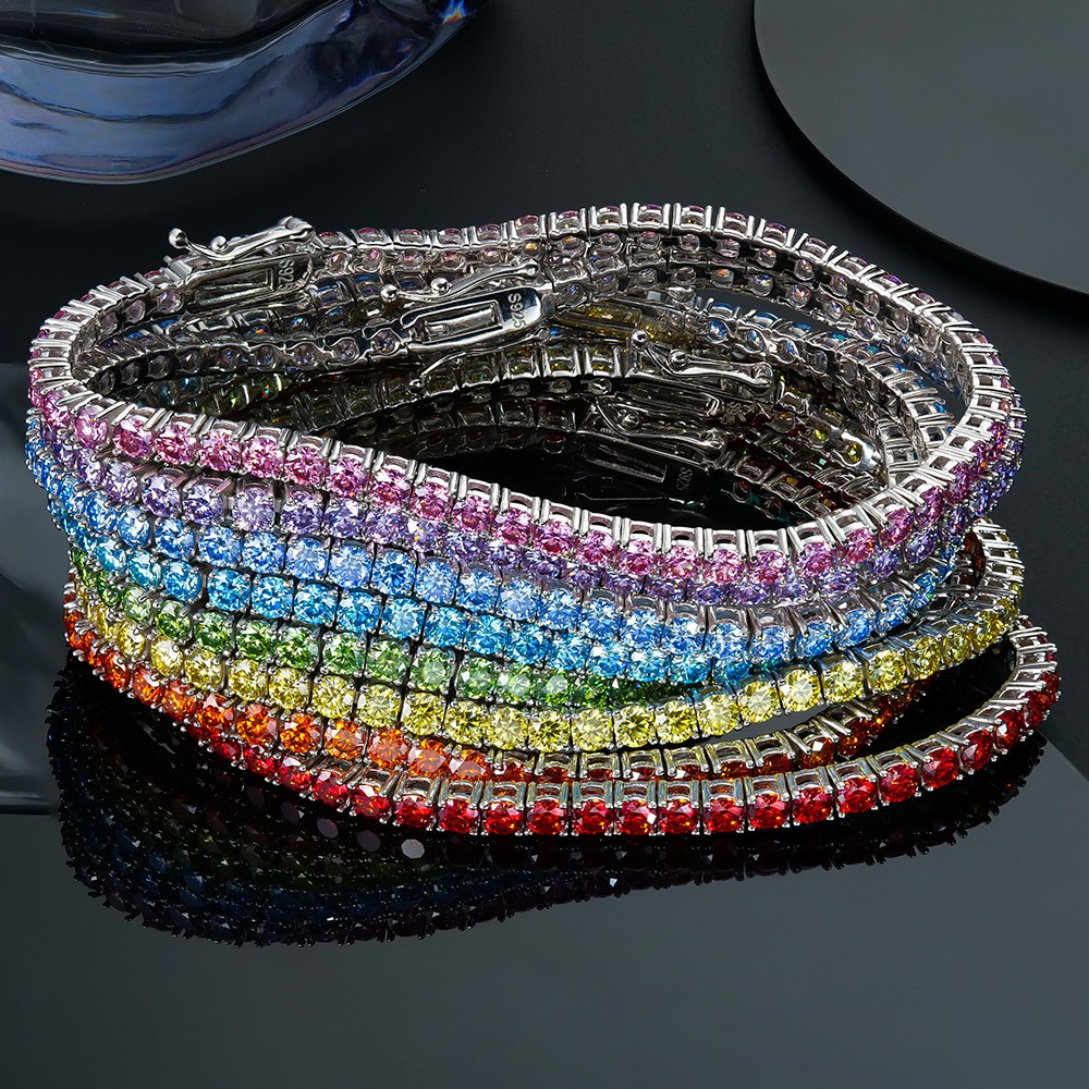 2mm Round Colourful Moissanite Tennis Chain 925 Sterling Silver Bracelet Women
