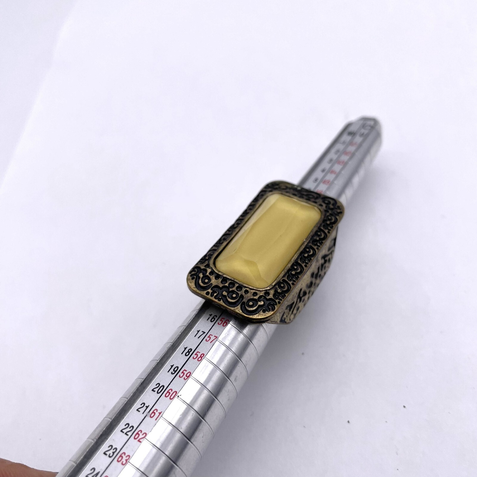 Faceted Rectangle Amber Gemstone Hand Engraved Ring Size 6