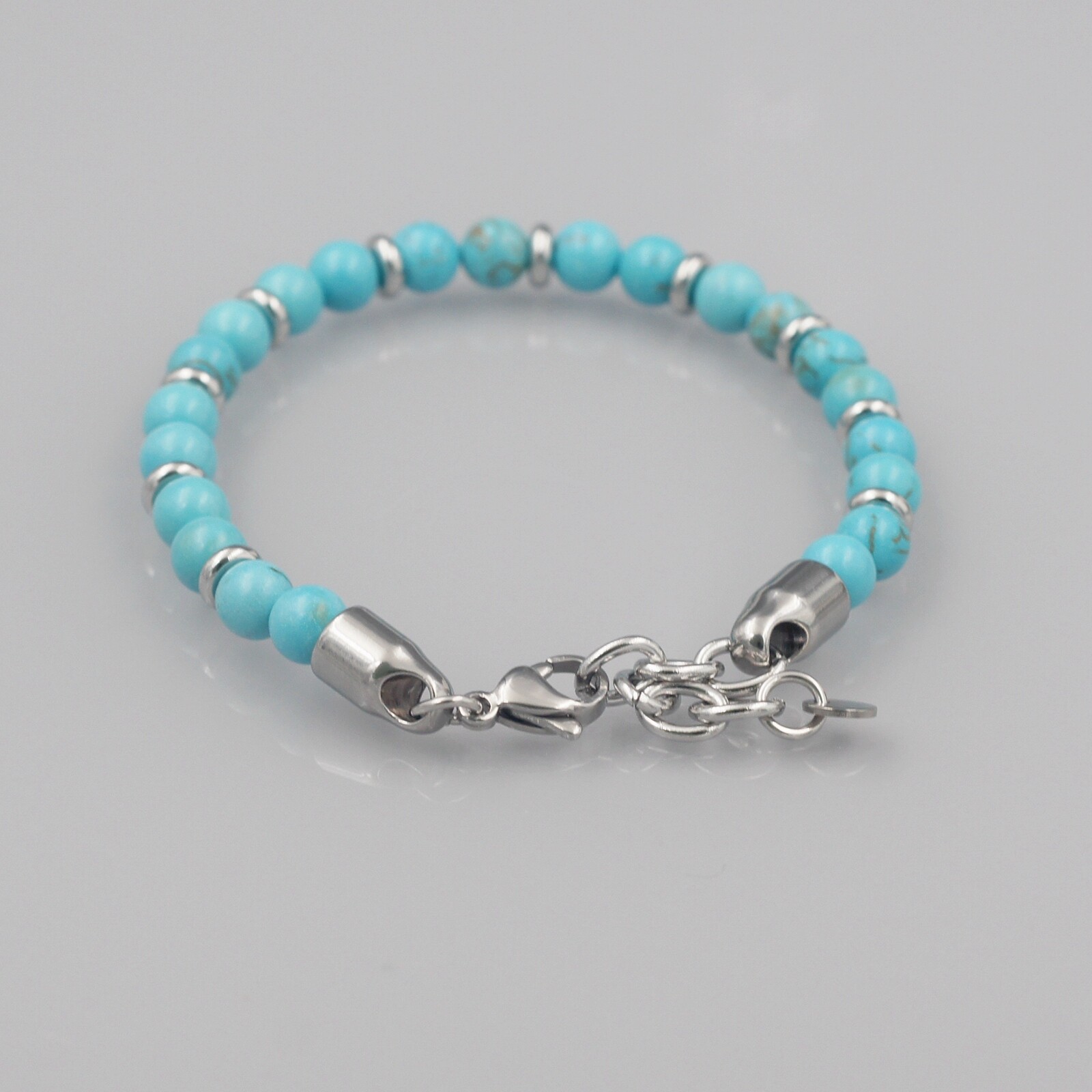 Men Blue Turquoise Natural Stone Stainless Steel Chain Bangle Bracelet 20150