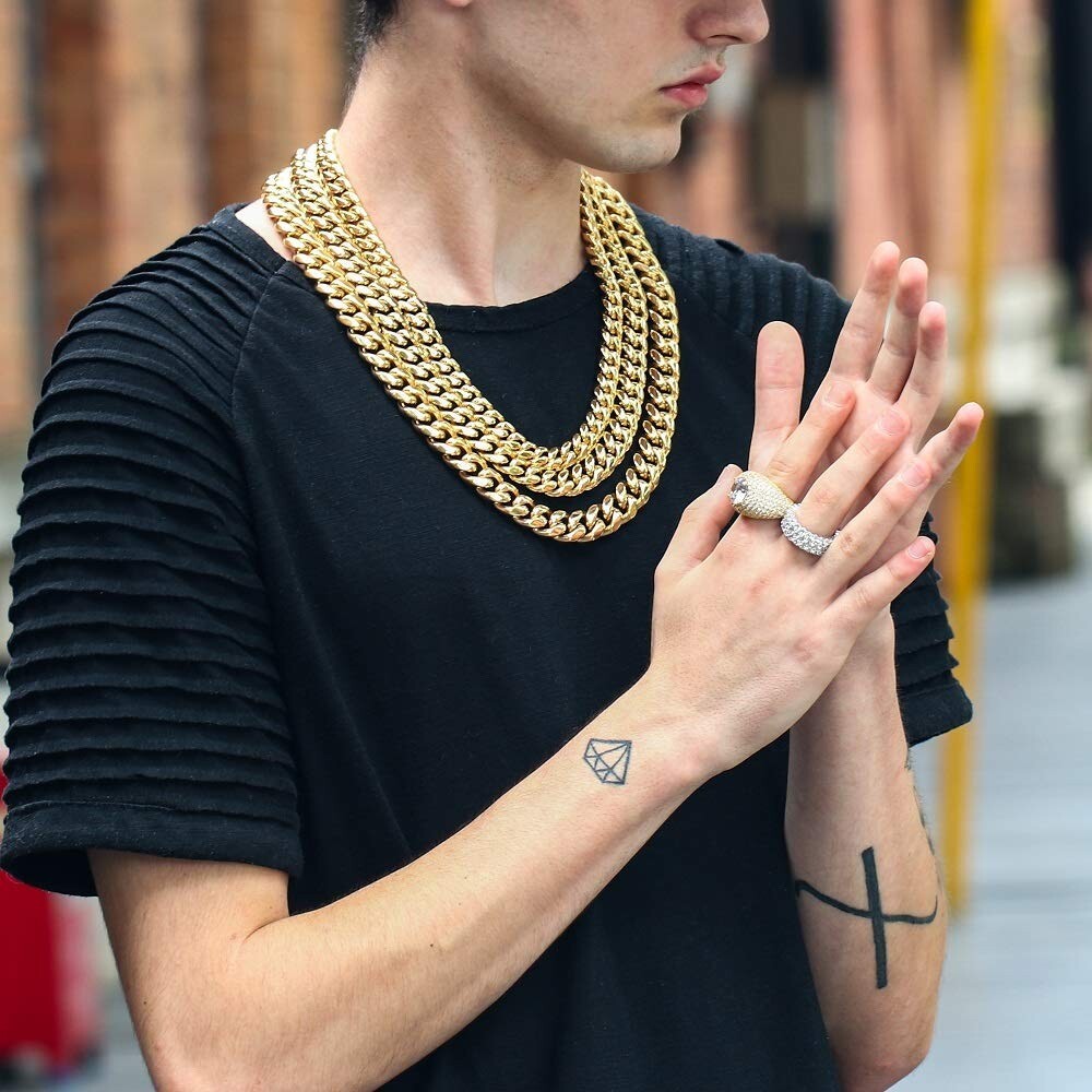 Men’s Miami Cuban Link Bracelet Chain 14K Gold Plated Stainless Steel Necklace