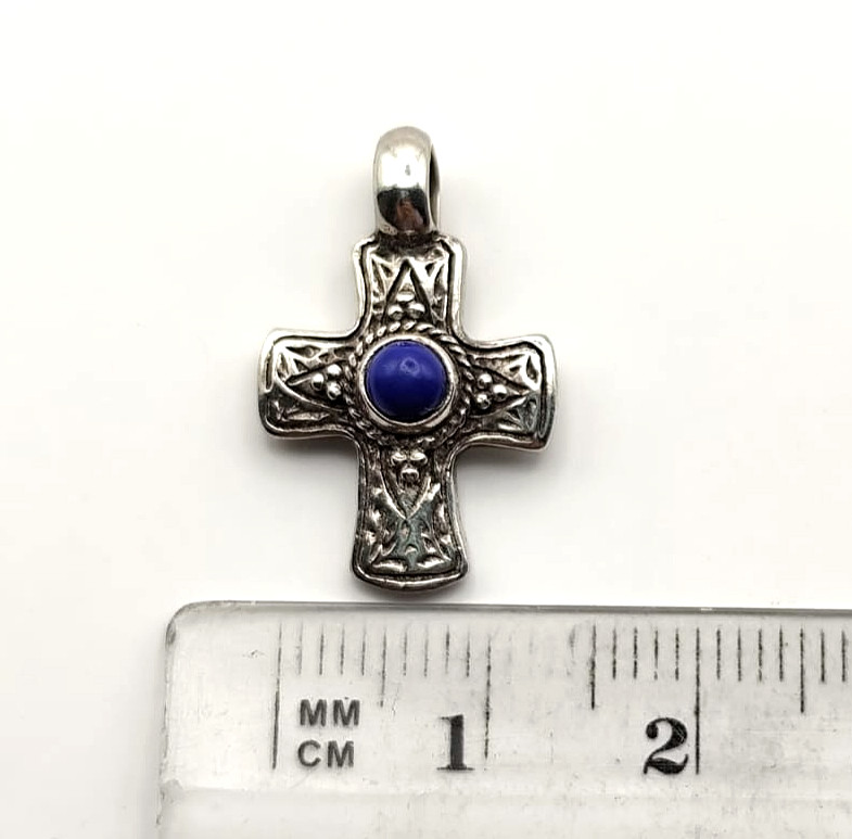 Silver Cross Pendant with Lapis Lazuli Stone for Necklace