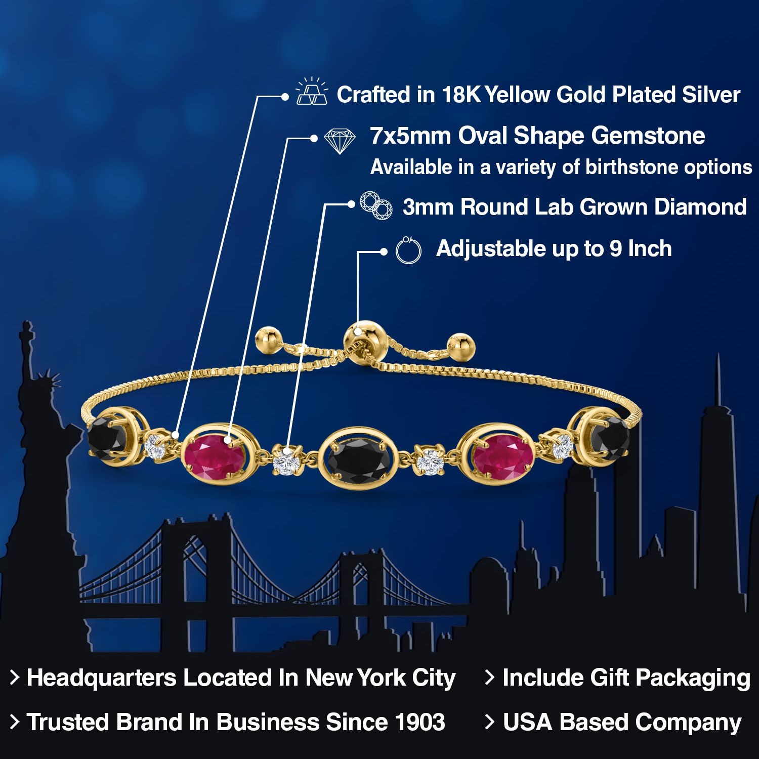 18K Yellow Gold Plated Silver Black Sapphire and Ruby and Lab Grown Diamond