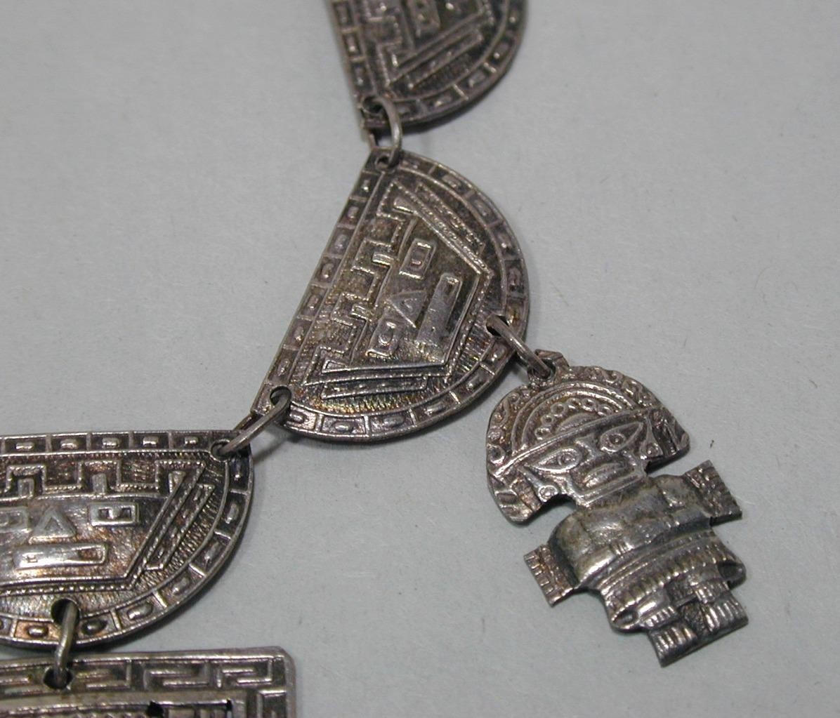 Vintage Peru 900 Silver Inca Tumi Panel Statement 16 1/2″ Necklace Choker Signed
