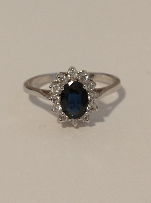 14k Solid White Gold Sapphire Diamond Ring | Oval Blue Engagement Ring size 6
